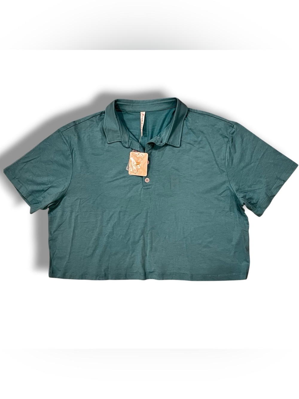 Fabletics Polo Shirt Women's XL Teal Green Cropped Short Sleeve Cotton Blend D-3